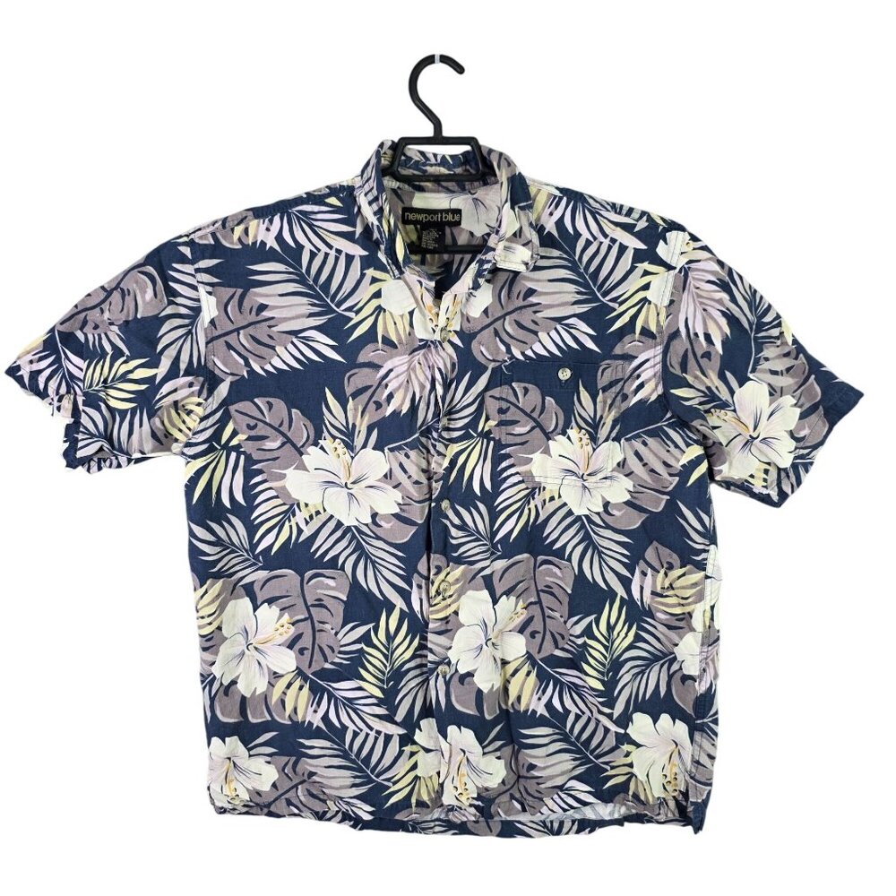 Mens Newport Blue Floral Linen Blend Hawaiian Shirt Button Up Short Sleeve L